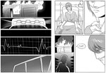 ambulance bed bedding blanket building burning_building cardiac_monitor clothing comic dialogue english_text fire furniture greyscale grimart hair hospital hospital_bed house humanoid leto_(grimart) male medical_instrument monochrome name_drop name_in_dialogue offscreen_character on_bed rails scientific_instrument shirt short_hair solo speech_bubble text topwear