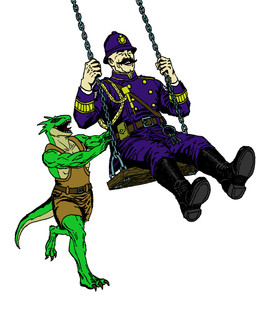 anthro belt belt_buckle belt_pouch boots buckle chain claws clothing duo facial_hair female footwear green_body key male male/female mustache overalls police police_uniform pushing romantic shoes smile swing tail teeth teeth_showing toe_claws uniform wood postto deadlock_(game) european_mythology greek_mythology mythology valve vyper_(deadlock) warden_(deadlock) gorgon human mammal reptile scalie snake hi_res traditional_media_(artwork)