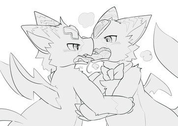 blush bodily_fluids bow_tie claws drooling fox_tail french_kissing fur kissing male male/male membrane_(anatomy) membranous_wings musk saliva tongue wings dolpix bandai_namco digimon mythology foxy_the_dorumon yama_the_dorumon digimon_(species) dorumon dragon furred_dragon furred_scalie mythological_creature mythological_scalie scalie x-digimon absurd_res hi_res monochrome sketch