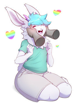 anthro blue_hair bottomwear buckteeth chest_tuft clothed clothing disembodied_hand duo eyes_closed femboy hair hand_on_face happy heart_symbol horn male open_mouth petting rainbow shirt shorts simple_background solo_focus teeth topwear touching_face tuft white_background white_hair suelix aether_(lewd_thoughts) hare lagomorph leporid mammal absurd_res digital_media_(artwork) hi_res
