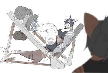 anthro clothing duo female footwear gynomorph hair intersex muscular shoes simple_background sneakers tail thick_thighs white_background workout_clothing workout_equipment notglacier kaze_(notglacier) kei_(notglacier) aquatic domestic_cat felid feline felis fish mammal shark absurd_res hi_res trans_(lore) trans_woman_(lore)