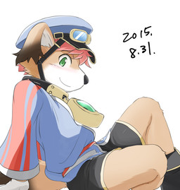 anthro blush bottomwear clothing collar footwear gloves green_eyes hair hand_on_ground handwear happy headgear headwear male red_hair shirt shorts sitting solo tail topwear whistle_(object) chirasgi cyberconnect2 little_tail_bronx mamoru-kun_(series) mamoru-kun canid canine caninu canis domestic_dog mammal 2015