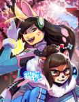 alternate_species anthro clothed clothing duo eyewear female fur furrification glasses hair looking_at_viewer open_mouth smile grungecandy blizzard_entertainment overwatch d.va_(overwatch) mei_(overwatch) ailurid lagomorph leporid mammal rabbit red_panda