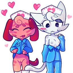 anthro bodily_fluids breasts clothed clothing duo female genitals happy heart_symbol looking_at_viewer nipples nurse_clothing nurse_uniform small_breasts sweat undressing uniform upskirt vulva worried kottiechii animal_hospital roblox head_nurse_(animal_hospital) nurse_(animal_hospital) canid canine canis domestic_cat domestic_dog felid feline felis mammal hi_res