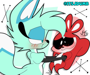 anthro black_sclera blue_body blue_eyes blue_fur blush carrying_another duo eyelashes female fur light_body light_fur male red_body red_fur simple_background smile tail white_eyes jdone chikn_nuggit hawt_saus_(chikn_nuggit) slushi_(chikn_nuggit) canid canine fox mammal rodent sciurid tree_squirrel 2025 digital_media_(artwork) hi_res
