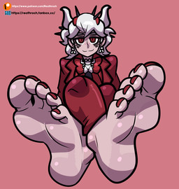 5_toes barefoot breasts clothing colored_nails feet female foot_focus horn humanoid_feet looking_at_viewer nails not_furry plantigrade red_clothing red_eyes red_nails smile soles solo toes reathroch helltaker beelzebub_(helltaker) demon demon_humanoid horned_humanoid humanoid hi_res