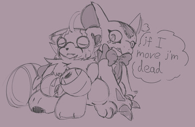 ahoge anthro blush bow_tie claws cuddling duo female female/female frill_(anatomy) hair sleeping text yogurtpubes bandai_namco digimon digimon_beatbreak digimon_(species) elizamon pristimon english_text hi_res