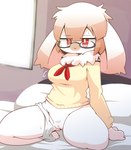 anthro asian_clothing bodily_fluids bottomless breasts clothed clothing clothing_around_one_leg east_asian_clothing eyewear female female_anthro fur genitals glasses hair japanese_clothing japanese_school_uniform kemono kneeling neck_tuft panties panties_around_one_leg panties_down partially_clothed pubes pussy red_eyes school_uniform serafuku short_stack solo sweat topwear tuft underwear underwear_around_one_leg underwear_down uniform white_body white_fur white_hair crepix lagomorph leporid mammal rabbit 2021 digital_media_(artwork)