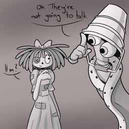 4_fingers bucket bucket_on_head confusion container dialogue doll duo eye_contact female fingers looking_at_another male mitten_hands not_furry rag_doll_(toy) speech_bubble text wide_eyed screaming_alice glitch_productions the_amazing_digital_circus kinger_(tadc) ragatha_(tadc) animate_inanimate humanoid living_chess_piece living_doll 1:1 hi_res