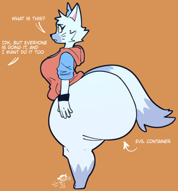 anthro big_breasts big_butt big_tail blue_body bottom_heavy bottomless bracelet breasts butt clothed clothing dialogue directional_arrow female hoodie hoodie_only huge_butt huge_thighs hyper hyper_butt hyper_thighs jewelry multicolored_body offscreen_character plantigrade side_view solo tail text thick_calves thick_thighs topwear topwear_only two_tone_body whiskers white_body klacket evil_container domestic_cat felid feline felis mammal 2025 absurd_res digital_drawing_(artwork) digital_media_(artwork) english_text hi_res meme
