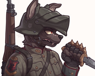 anthro armor clothing furgonomics gun headgear helmet knife looking_aside male military_uniform ranged_weapon rifle solo uniform weapon goobone canid canine canis domestic_dog mammal hi_res