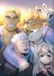 anthro arm_around_shoulders blonde_hair blush embarrassed eyewear floppy_ears gesture grin group group_photo hair hand_gesture looking_at_viewer male smile sunglasses v_sign white_hair sabita_kan lifewonders live_a_hero andrew_(live_a_hero) gaius_(live_a_hero) melide canid canine canis domestic_dog human mammal hi_res