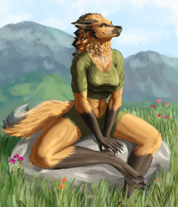 anthro athletic bottomwear breasts clothed clothing cloud cloudy_sky crop_top day eyes_closed female flower grass mane mountain nature outside plant relaxing shirt shorts sitting sky solo spread_legs spreading tail tight_clothing topwear esmond_(artist) canid canine mammal maned_wolf absurd_res hi_res