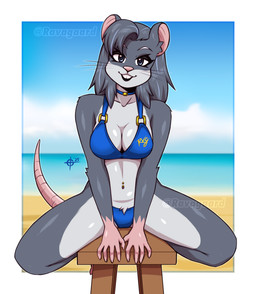 anthro barbell_piercing beach bikini black_lips breasts buckteeth clothing crotch_tuft eyelashes female front_view fur grey_body grey_fur grey_hair hair hairless_tail lips long_eyelashes looking_at_viewer navel navel_piercing o-ring o-ring_bikini piercing smile solo swimwear teeth tuft two-piece_swimsuit whiskers ravagaard mammal murid murine rat rodent hi_res