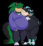 5_fingers anthro arm_around_shoulders belly big_belly black_body black_bottomwear black_clothing black_collar black_ears black_eyebrows black_footwear black_fur black_nose black_pants black_shoes black_tail blue_markings blush bottomwear chest_tuft chubby_cheeks closed_smile clothed clothed_anthro clothed_male clothing collar double_chin duo eyebrows eyes_closed fingers fluffy fluffy_tail footwear footwear_only fully_clothed fully_clothed_anthro fully_clothed_male fur fur_markings green_body green_fur green_hair green_tail hair hands_behind_back hoodie kissing_cheek light long_tail male male/male markings medium_hair mostly_nude mouth_closed multicolored_body multicolored_fur obese obese_anthro obese_male overweight overweight_anthro overweight_male pants purple_clothing purple_hoodie purple_topwear shirt shoes shoes_only simple_background smile standing tail tan_body tan_inner_ear tan_skin thick_tail topwear transparent_background tuft white_body white_clothing white_footwear white_fur white_shirt white_shoes white_topwear beastofeuthanasia sega sonic_the_hedgehog_(series) fan_character mephiles_the_dark vi_(starlight135b) eulipotyphlan hedgehog mammal 2019 alpha_channel colored dated digital_drawing_(artwork) digital_media_(artwork) english_description hi_res lighting signature