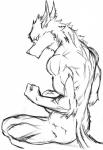 angry athletic athletic_female back_muscles biceps buns crouching eyebrows female flexing fluffy fur hair inner_ear_fluff leg_muscles muscular muscular_butt muscular_female ribs serious sitting solo spiky_hair stare tuft harpseal canid canine canis hybrid mammal wolf 2018 hi_res monochrome