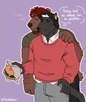 anthro beard behind_another blush bodily_fluids burger clothed clothing duo embarrassed facial_hair food fur hair hand_in_pocket looking_away male male/male nervous nodding pockets shirt simple_background sweat sweatdrop tail text topwear trash_bear bear domestic_cat felid feline felis mammal digital_media_(artwork) english_text hi_res meme portrait