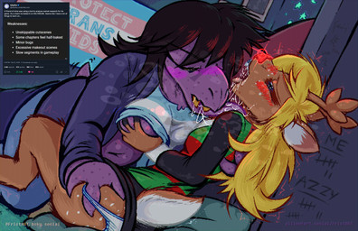 aged_up bed_sheet bedding bedpost bedroom bioluminescence blush bodily_fluids bottomwear braces breast_grab breasts butt butt_grab clothed clothing female female/female freckled_breasts freckled_butt freckled_face freckles glowing glowing_nose grope hand_on_breast hand_on_butt kissing lgbt_pride licking making_out motion_lines navel non-mammal_breasts panties pride_colors raised_bottomwear raised_clothing raised_shirt raised_skirt raised_topwear red_nose saliva shirt skirt star tally_marks text tongue topwear transgender_pride_colors underwear frist44 deltarune undertale_(series) noelle_holiday susie_(deltarune) deer dinosaur mammal monster new_world_deer prehistoric_species reindeer reptile scalie english_text hi_res