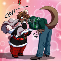 alternative_fashion anthro belt belt_buckle bent_over biped black_lipstick blue_eyes blush bottomwear brown_hair buckle clothed clothed_anthro clothed_female clothed_male clothing clothing_pull collar collar_pull dark_eyeshadow denim denim_bottomwear denim_clothing duo eyes_closed female female_anthro fingerless_gloves fingers footwear gloves goth hair handwear high_heels holding_face jeans kiss_on_lips kissing kissing_under_mistletoe larger_male lipstick makeup male male/female male_anthro mistletoe mistletoe_bow overweight overweight_female pants plant romantic romantic_couple santa_dress shoes size_difference smaller_female surprised sweater text thick_thighs topwear wide_hips crovirus g-blue16 adrian_(crovirus) koko_(scaitblue) gulonine koala mammal marsupial marten mustelid musteline pine_marten vombatiform 2025 absurd_res artist_collaboration digital_drawing_(artwork) digital_media_(artwork) english_text hi_res shaded soft_shading