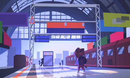 ambiguous_gender anthro backpack biped brown_body brown_fur clothing eyelashes eyeliner female fur group hair jacket makeup short_hair standing topwear train train_station vehicle walking whiskers itsdanfango jalei_(itsdanfango) domestic_cat felid feline felis mammal 2021