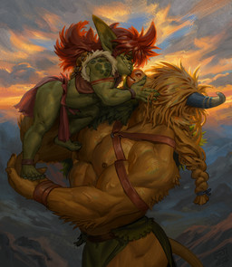 anthro blonde_hair braided_hair braided_ponytail carrying_another carrying_partner duo feet green_body green_skin hair hair_over_eyes horn humanoid_feet humanoid_on_anthro humanoid_pointy_ears kissing larger_male male male/male muscular muscular_male pecs plantigrade pointy_ears ponytail red_hair romantic romantic_couple scruffy size_difference smaller_male sunset jerome_jacinto european_mythology greek_mythology mythology raka_(jerome_jacinto) vort_(jerome_jacinto) bovid bovine goblin humanoid mammal 2026 digital_media_(artwork) digital_painting_(artwork) painting_(artwork)