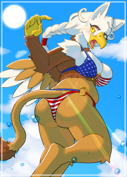 5_fingers american_flag_bikini anthro beak bikini breasts brown_body brown_fur butt clothing cloud day feathered_wings feathers female fingers flag_bikini flag_swimwear fur outside solo sun swimwear tail two-piece_swimsuit water_drop wings yellow_eyes shio_inu mythology granoa avian gryphon mythological_avian mythological_creature 2025 digital_media_(artwork) hi_res