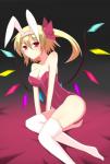 accessory ahoge blonde_hair blush bow_(feature) bow_accessory bow_ribbon breasts bunny_costume cleavage clothed clothing costume fake_ears fake_rabbit_ears female hair hair_accessory hair_bow hair_ribbon legwear lingerie looking_at_viewer medium_breasts not_furry ponytail red_eyes ribbons short_hair side_ponytail simple_background sitting skimpy smile solo stockings white_body white_skin hamiyun touhou flandre_scarlet vampire