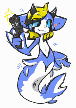 2_horns 5_fingers ambiguous_gender anthro black_horn black_markings black_nose black_sclera blonde_hair blue_body blue_ears blue_eyes blue_tail bubble circle_eyebrows crosshair eyebrows facial_markings fin fingers front_view gills glistening glistening_eyes glistening_hair gun hair handgun head_markings holding_object holding_weapon horn looking_aside markings multicolored_body multicolored_tail pose pupils ranged_weapon revolver shadow simple_background snout solo sparkles split_form spots tail tail_fin weapon white_background white_body white_eyebrows white_markings white_spots white_tail goommario010 waroo_(presto) aquatic merfolk unknown_species 2021 digital_media_(artwork) hi_res male_(lore)