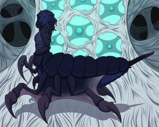 3_eyes 6_legs black_body carapace cave egg female membrane_(anatomy) multi_eye pseudo_hair solo spider_web tentacle_hair tentacles feralcatalyst arthropod taur zerg_queen_(starcraft) hi_res