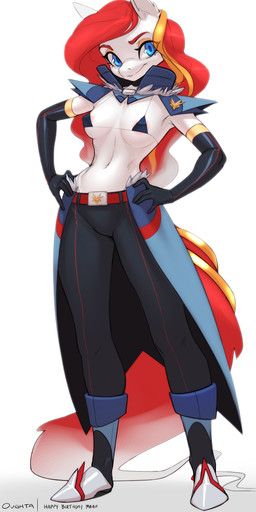 anthro areola armwear belt belt_buckle bikini blue_eyes boots bottomwear breasts buckle cleavage clothed clothing ears_up elbow_gloves erect_nipples eyeshadow female footwear fur gloves hair hands_on_hips handwear head_tilt long_hair long_tail looking_at_viewer makeup medium_breasts midriff navel nipple_outline nipples pants pose red_hair red_tail shoes side_boob simple_background skimpy solo standing string_bikini swimwear tail two-piece_swimsuit under_boob uniform white_background white_body white_fur oughta nesana equid equine mammal absurd_res hi_res