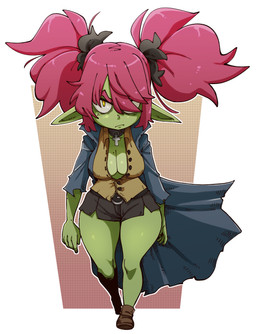breasts cleavage clothed clothing cross cross_necklace female green_body green_skin hair hair_over_eye jewelry necklace not_furry one_eye_obstructed solo wide_hips nuclearwasabi goblin humanoid 2022 absurd_res hi_res