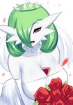 absurd_res big_breasts bouquet breasts cleavage clothed clothing female flower gardevoir generation_3_pokemon green_hair hair hi_res nintendo not_furry plant pokemon pokemon_(species) rose_(flower) sana!rpg solo white_body