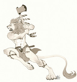 angry athletic athletic_male axe bottomwear clothing fangs feathers gem jewelry loincloth male melee_weapon navel open_mouth running solo teeth weapon chutkat felid lion mammal pantherine 2014 monochrome sepia