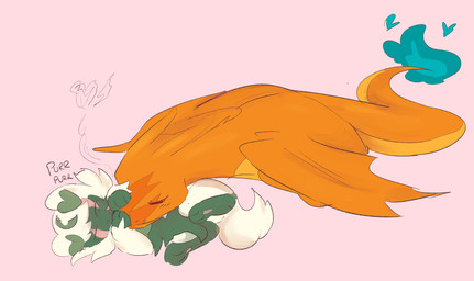 ambiguous_gender daww duo eyes_closed feral fire lying on_back pink_background purring simple_background bloowolfy mythology nintendo pokemon charizard dragon felid feline floragato generation_1_pokemon generation_9_pokemon mammal mythological_creature mythological_scalie pokemon_(species) reptile scalie 2025 hi_res