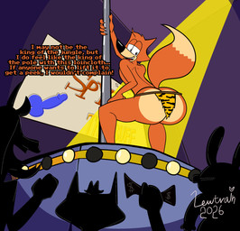 animal_print anthro big_butt bottomwear butt claws clothing convenient_censorship crowd dancing dipstick_tail fur group leopard_print loincloth low-angle_view male markings money orange_body orange_fur penis_drawing pole pole_dancing presenting raised_tail rear_view smile solo spotlight stage tail tail_markings undressing lewtrain humongous_entertainment spy_fox_(series) spy_fox canid canine fox mammal 2026 absurd_res aliasing binary_drawing digital_drawing_(artwork) digital_media_(artwork) hi_res