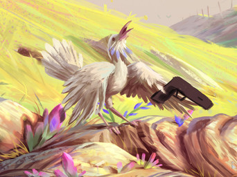 3_toes ambiguous_feral ambiguous_gender beak blue_flower brown_sclera day empty_eyes feathered_wings feathers feet feral flower grass grey_sky gun handgun head_tilt holding_gun holding_handgun holding_object holding_pistol holding_ranged_weapon holding_weapon light midair outside pink_beak pistol plant purple_flower ranged_weapon rock sky solo standing tail tail_feathers toes utility_pole weapon white_body white_feathers white_tail white_wings wings jack_kirby_crosby avian bird 2020 colored digital_media_(artwork) digital_painting_(artwork) english_description lighting painting_(artwork) shaded