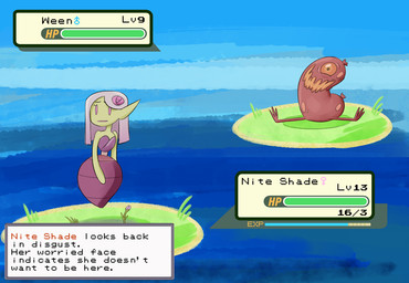 ambiguous_gender duo female female_symbol food food_fetish gameplay_mechanics gender_symbol gui health_bar humor male_symbol not_furry pokemon_battle suggestive suggestive_food symbol volamont fakemon nintendo pokemon food_creature humanoid