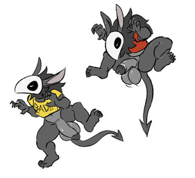 anthro balls big_balls bottomless casual_exposure clothed clothing duo faceless_character genitals hair jumping long_hair male mask neck_tuft rabbit_ears shirt shirt_only small_but_hung spade_tail tail topwear topwear_only tuft smokeyocity demon imp