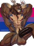 abs anthro antlers balls biceps bisexual_pride_colors brown_body fangs genitals horn lgbt_pride male muscular muscular_anthro muscular_male nipples nude pecs penis pride_color_background pride_colors sharp_teeth simple_background solo teeth vein veiny_penis alexaboom diffuse_moose deer mammal moose new_world_deer werecreature weredeer weremoose werenew_world_deer hi_res