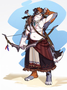4_toes 5_fingers anthro armor armpit_hair arrow_(weapon) barefoot black_nose body_hair bottomwear bow_(weapon) clothed clothed_anthro clothed_male clothing feet fingers fur grey_body grey_fur hair hindpaw humanoid_hands jewelry male markings melee_weapon multicolored_body multicolored_fur navel necklace pauldron paws quiver_(object) ranged_weapon red_hair scabbard skirt skull_pauldron solo standing sword tail toes topless topless_anthro topless_male tribal tribal_markings two_tone_body two_tone_fur weapon white_body white_fur sshurart canid canine canis collie domestic_dog herding_dog mammal pastoral_dog sheepdog hi_res