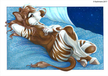 5_fingers anthro black_tongue breasts brown_eyes female fingers genitals hooves long_tongue lying nipples nude on_back prehensile_tongue smile solo tongue tongue_out vulva kashmere giraffid mammal okapi 2017