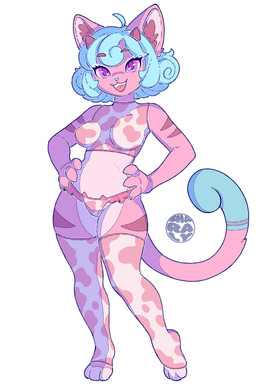 animal_print anthro blue_body blue_hair breasts clothed clothing cow_print eyebrows eyelashes female footwear fur hair horn legwear lingerie looking_at_viewer panties pattern_clothing paws pink_body simple_background socks solo stockings swimwear tail topwear two-piece_swimsuit underwear sharalythesheep domestic_cat felid feline felis mammal absurd_res digital_media_(artwork) hi_res