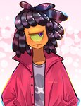 1_eye anthro clothing dreadlocks expressionless green_sclera jacket looking_away male orange_body orange_skin purple_eyes shirt solo topwear diviously nintendo splatoon murch_(splatoon) echinoderm echinozoan marine sea_urchin hi_res