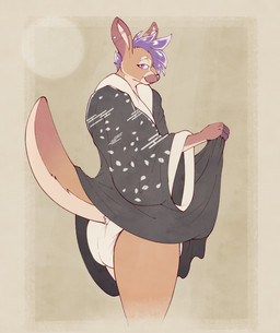 anthro asian_clothing clean_diaper clothed clothing clothing_lift diaper east_asian_clothing japanese_clothing kimono kimono_lift looking_at_viewer male mohawk side_view solo steelshark kangaroo macropod mammal marsupial hi_res