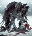 ambiguous_gender armor black_body black_fur black_hair black_tail blood blood_on_sword blood_on_weapon bodily_fluids feathered_wings feathers feral fur hair headgear helmet knight knight_armor long_hair melee_weapon shoulder_armor side_view snow snowing sword tail warrior weapon wings p0nyplanet friendship_is_magic hasbro my_little_pony mythology unnamed_character equid equine mammal mythological_creature mythological_equine pegasus digital_drawing_(artwork) digital_media_(artwork) hi_res watermark