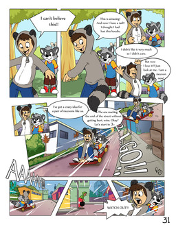 anthro bottomwear cheek_tuft clothed clothing detailed_background dialogue dipstick_tail duo eyewear facial_tuft feet_together footwear fully_clothed gloves_(marking) hoodie male markings note shoes skateboard skateboarding speech_bubble tail tail_markings text topwear tuft vehicle pandapaco art_(pandapaco) ailurid human mammal procyonid raccoon comic english_text hi_res