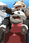 anthro belly beverage black_body black_nose brown_body carrying_another clothing cute_fangs duo eyes_closed fangs front_view holding_beverage holding_object humanoid_hands kemono male on_shoulders outside overweight overweight_male shirt teeth topwear white_body kisukemk777 ailurid bear giant_panda mammal red_panda 2021 hi_res