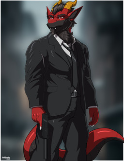 anthro beard black_beard black_facial_hair black_hair body_hair bottomwear chest_hair clothing costume damaged_clothing facial_hair gun hair handgun horn jacket male muscular muscular_anthro muscular_male necktie pants pistol ranged_weapon red_body red_eyes serious serious_face shirt solo topwear weapon yellow_horn tridark john_wick mythology sylvester_legba dragon mythological_creature mythological_scalie scalie hi_res