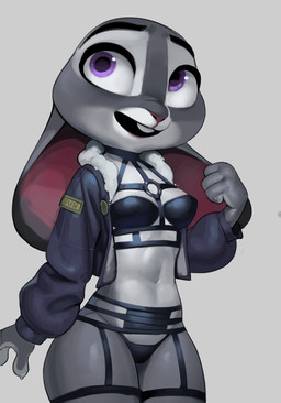 anthro bdsm_gear biped breasts buckteeth claws cleavage clothed clothed_anthro clothed_female clothing countershade_face countershade_hands countershade_torso countershading eyebrows female finger_claws fingers floppy_ears fur garter_belt garter_straps grey_background grey_body grey_fur harness jacket long_ears lop_ears multicolored_body multicolored_fur open_mouth philtrum purple_eyes simple_background solo standing teeth text thick_thighs topwear two_tone_body two_tone_fur white_body white_fur qupostuv35 disney zootopia judy_hopps lagomorph leporid mammal rabbit 2023 hi_res portrait source_request three-quarter_portrait unavailable_at_source