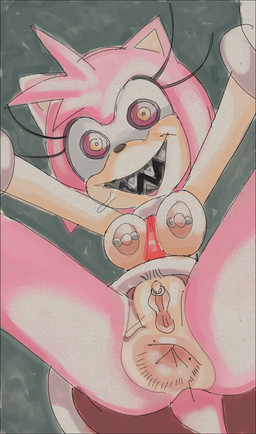 anthro anus biped black_nose bodily_fluids breasts clitoris clitoris_piercing clitoris_ring clothed clothing countershade_face countershade_torso countershading creepy dress drooling female genital_piercing genitals head_tuft looking_at_viewer low-angle_view medium_breasts mostly_nude multicolored_body nightmare_fuel nipple_piercing nipples no_underwear open_mouth piercing pink_body possession red_clothing red_dress ring_piercing saliva sharp_teeth simple_background solo spread_legs spreading tan_body tan_countershading teeth tuft two_tone_body vulva vulva_piercing vulva_ring dogma sega sonic_the_hedgehog_(series) amy_rose possessed_amy_rose boo_(sonic) eulipotyphlan ghost hedgehog mammal spirit 2025 absurd_res hi_res